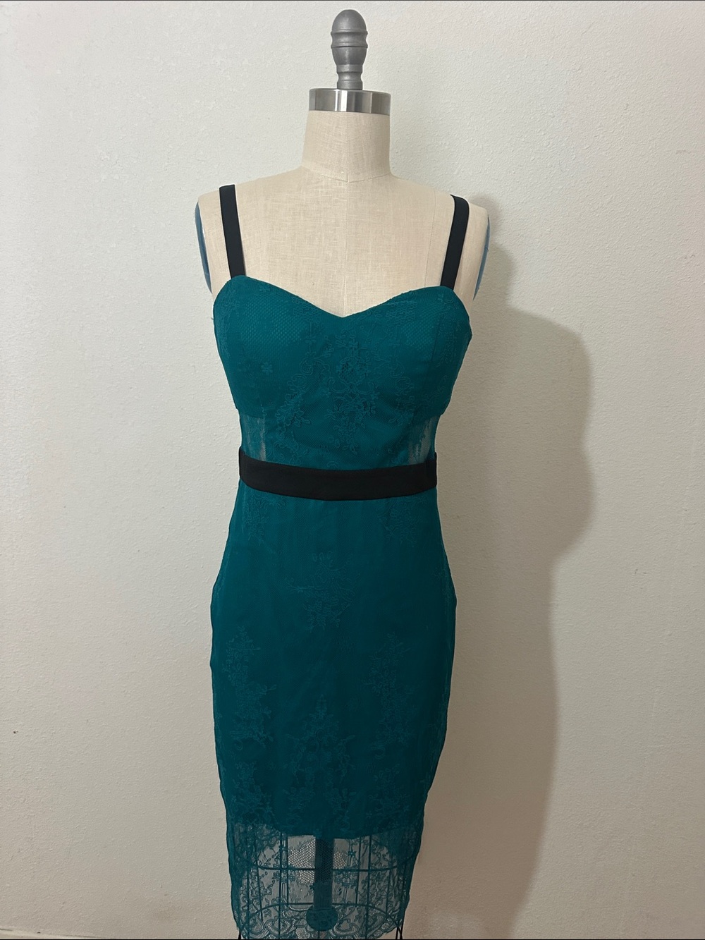 bebe Teal Lace Midi Dress with Black Straps and Waistband